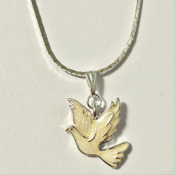 Silver White Dove Bird Pendant Necklace Plated 18" Enamel Holy Spirit Peace - Picture 9 of 11